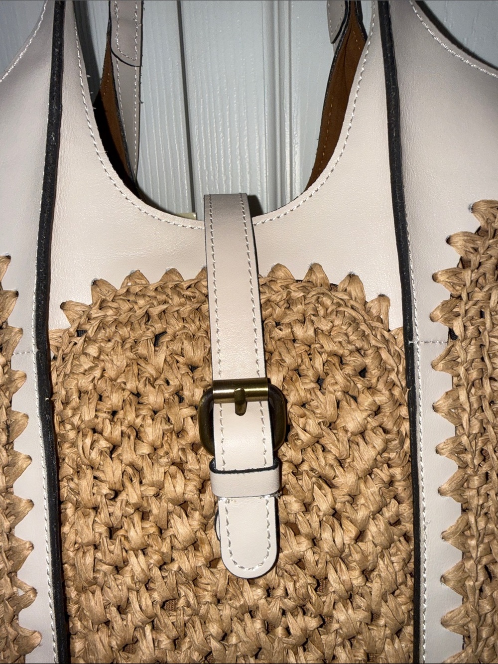 Woven Raffia Tote with Pale Cream Leather Trim - Picture 2 of 9